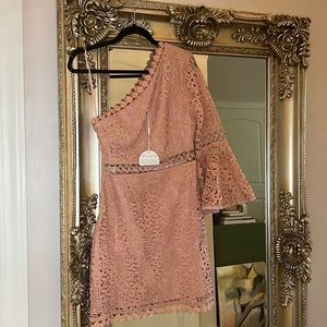 NWT ONE SHOULDER ASYMMETRIC PINK LACE MINI DRESS